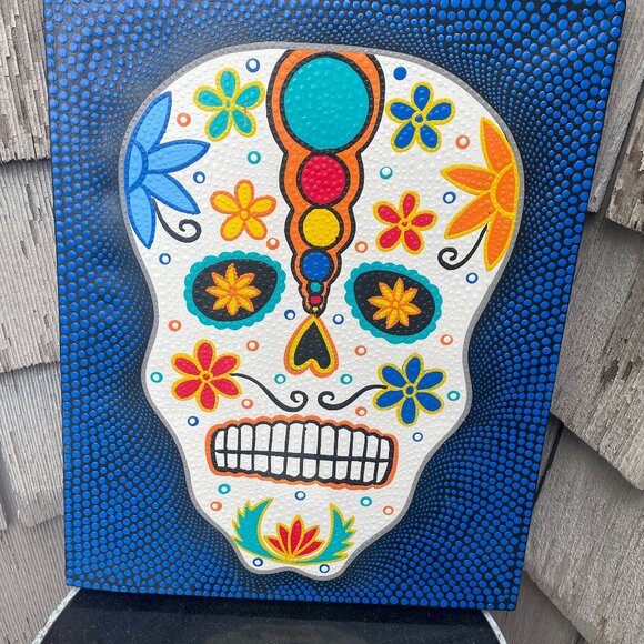 Other - Mexican Dia De Los Muertos Sugar Skull Painting Original Dot Art